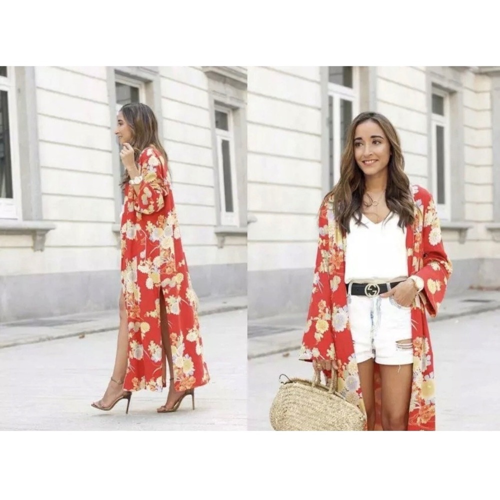 Zara TRF‎ Floral Duster Kimono Jacket Womens S-M Red Multicolor